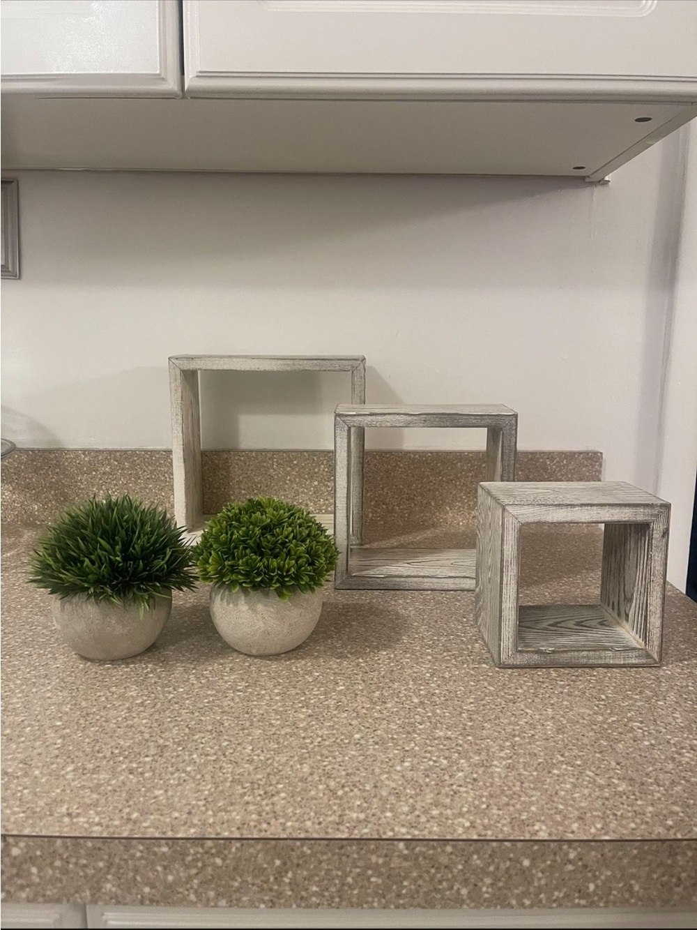 Neutral Wood Cube Set with Green Faux Topiaries